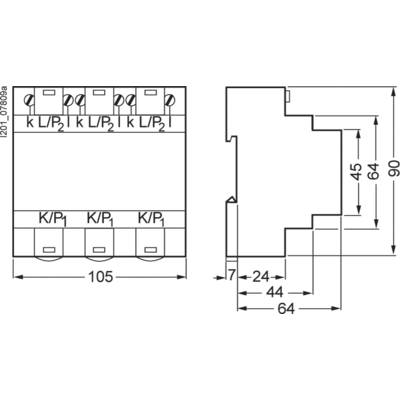 'Elektroschaltgerät-Layout mit Abmessungen: Breite 105 mm, Höhe 90 mm und Tiefe 64 mm.'