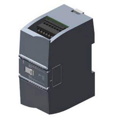 Ein PLC-Modul mit dunkelgrauem Gehäuse, mehreren Anschlüssen oben und einem Schalter an der Vorderseite, für industrielle Automatisierung.