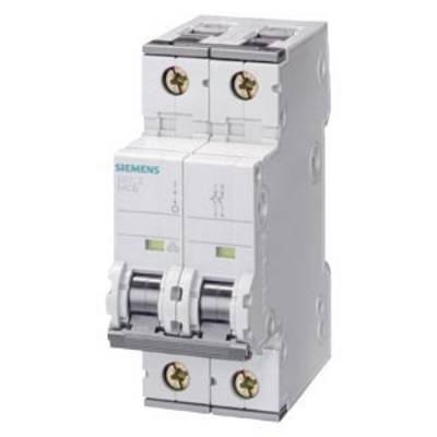 Zweipoliger Schutzschalter, typisch für elektrische Installationen, Marke 'Siemens', mit Kipphebel und Schraubanschlüssen.
