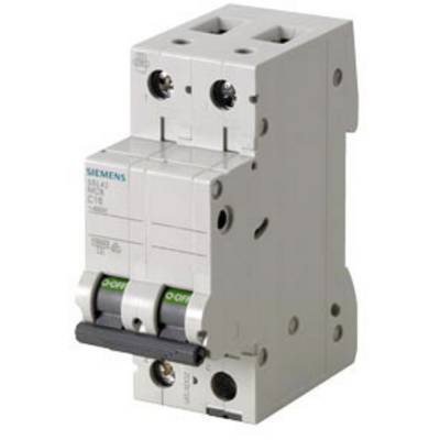 Ein zweipoliger Leitungsschutzschalter von Siemens, Modell 5SL4, geeignet für 10 Ampere, zur Absicherung von elektrischen Stromkreisen.