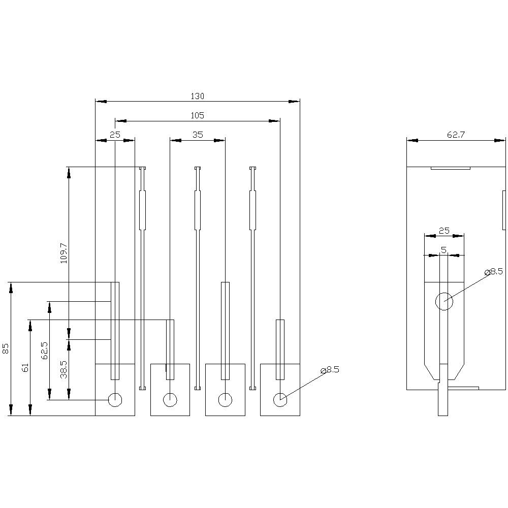 Technische Zeichnung eines mechanischen Bauteils mit Maßen in Millimetern. Zeigt vier Stäbe mit Basisplatten und detaillierten Abmessungen.
