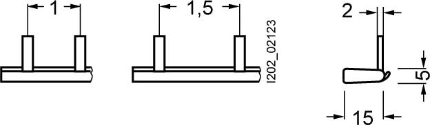 Diagramm mit technischen Maßen; zeigt Seitenansichten eines Objekts. Breite: 15, Höhe: 2. Maßangaben: 1, 1,5 und 15 mm.