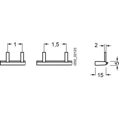 Diagramm mit technischen Maßen; zeigt Seitenansichten eines Objekts. Breite: 15, Höhe: 2. Maßangaben: 1, 1,5 und 15 mm.