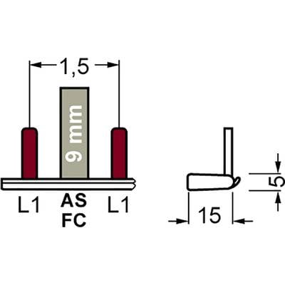 'AS FC' Diagramm zeigt eine L-förmige Struktur mit Maßen: 1,5 mm Breite, 9 mm Höhe, 15 mm Länge. Seitliche Ansicht zeigt 5 mm Höhe.