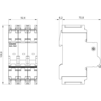 Links zeigt die Zeichnung eines dreipoligen Schalters mit Maßen: 52,8 mm Breite, 100,8 mm Höhe. Rechts Seitenansicht, 70,8 mm Breite, 6,2 mm Tiefe.