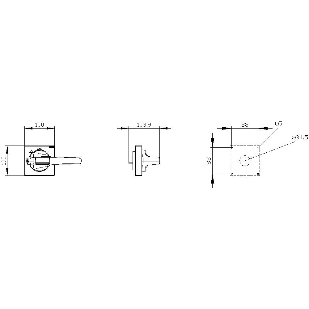 Technische Zeichnung eines Griffs mit Maßen: 100 mm Breite, 100 mm Höhe, 103,9 mm Tiefe. Zeigt auch Befestigungsloch mit 35,5 mm Durchmesser.