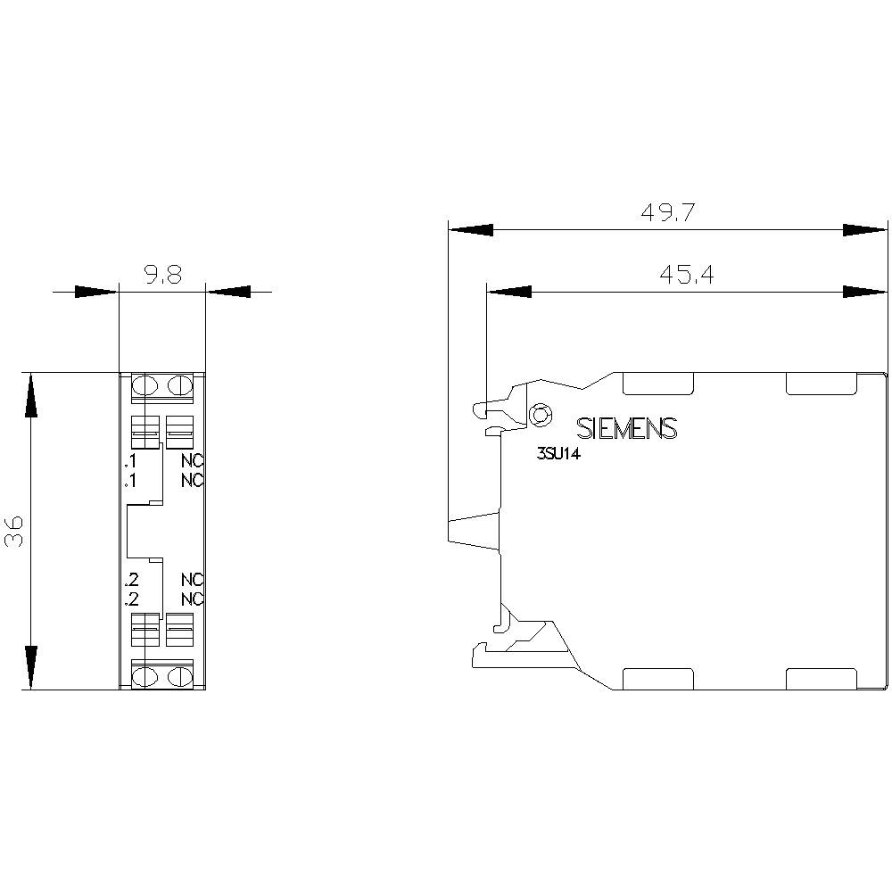 Schematische Abbildung eines Siemens-Relais, zeigt Maße und Anschlussbelegung. Links Maße: 9,8 x 36 mm, rechts 49,7 x 45,4 mm.