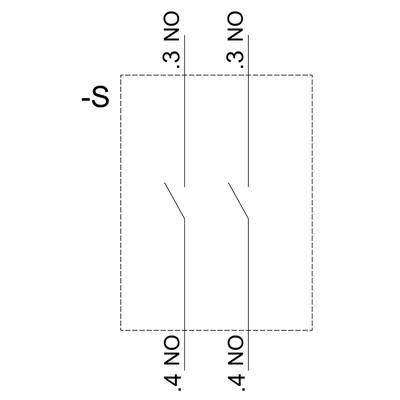 Kabelschema mit zwei NO-Kontakten: '3 NO' und '4 NO', verbunden durch eine gestrichelte Linie zu 'S'.