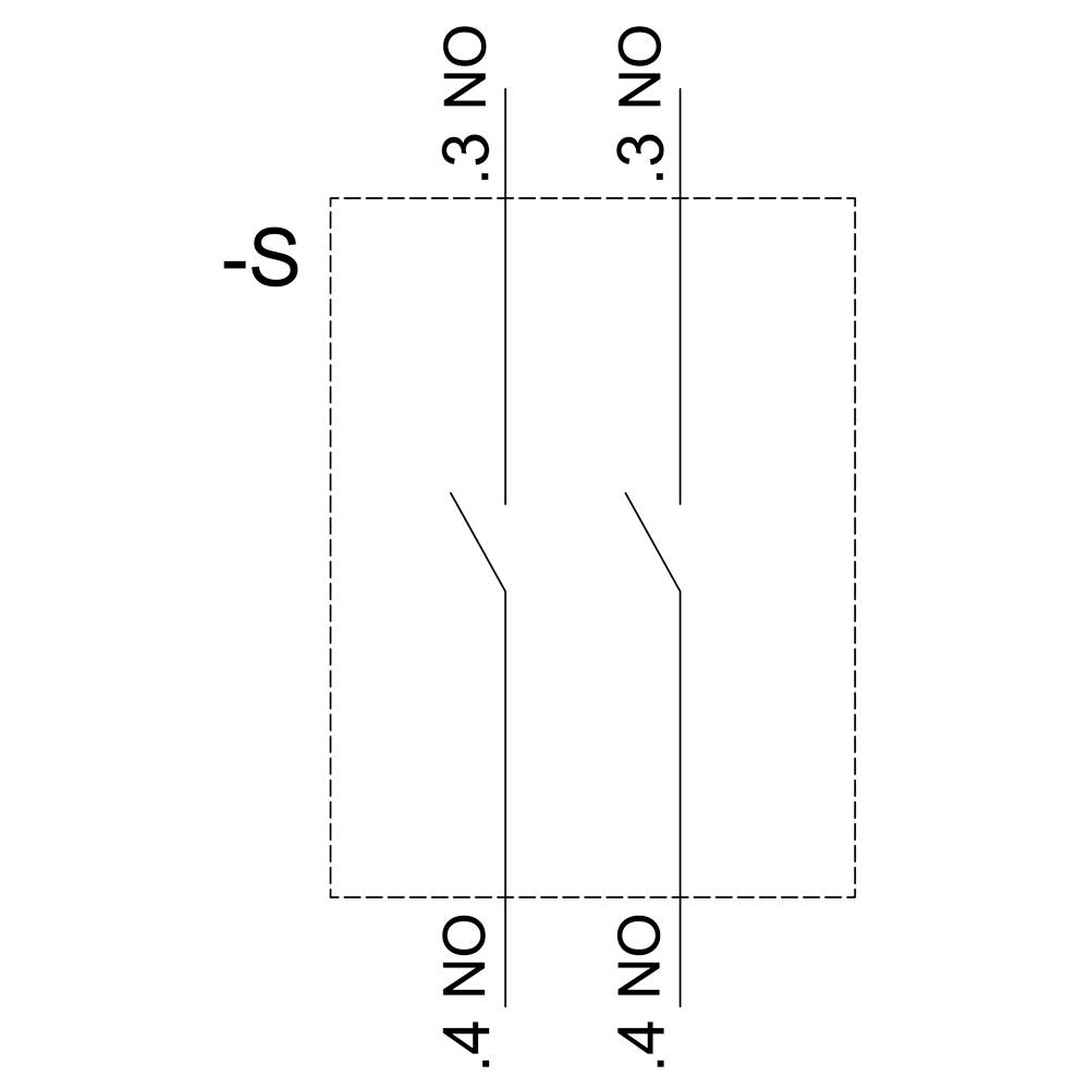 Schaltplandiagramm zeigt zwei parallele, vertikale Linien mit Markierungen '3 NO' und '4 NO', verbunden durch Linien, die nach rechts unten abknicken.