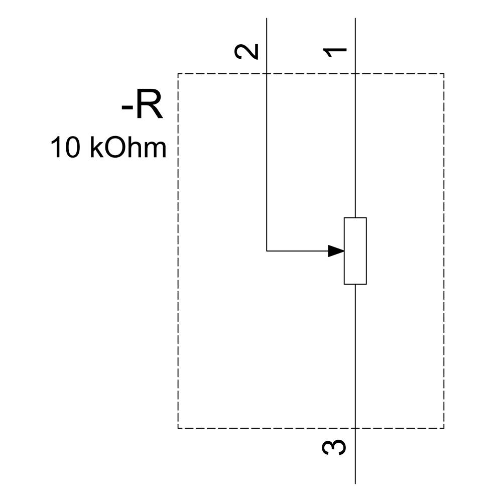 'Elektrisches Schaltbild mit einem Widerstand von 10 kOhm, der an den Anschlüssen 1, 2 und 3 verbunden ist.'