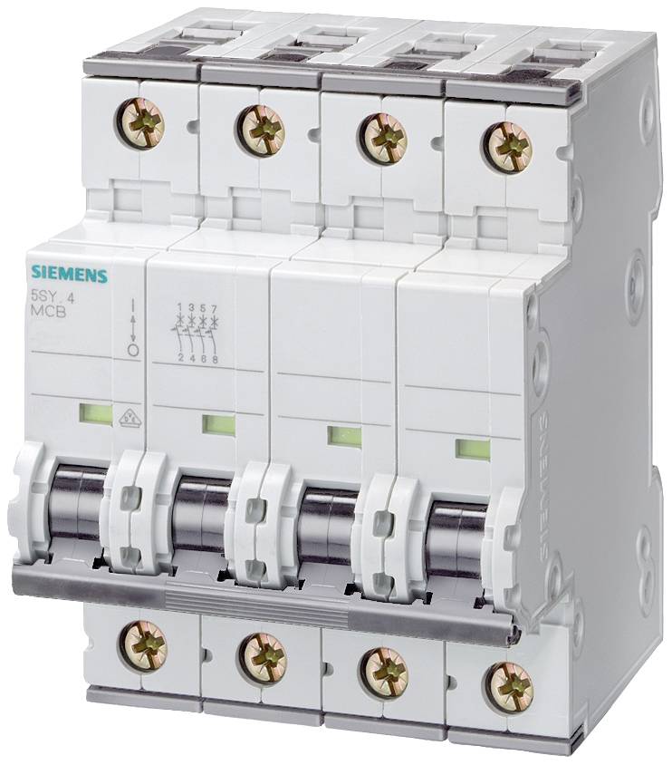 Ein vierpoliger Leitungsschutzschalter von Siemens, Modell 5SY4 MCB, mit grünen Statusanzeigen und Schraubklemmen.