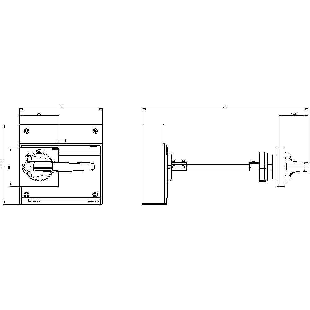 Technische Zeichnung eines Griffs an einer rechteckigen Platte mit Maßen von 200x300 mm. Zeigt Details in Vorder- und Seitenansicht.