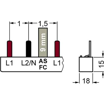 Abbildung eines elektrischen Schaltplans mit mehreren Anschlüssen: L1, L2/N, AS, FC. Maße sind 1,5 mm und 9 mm hoch. Seitenansicht zeigt 18 mm Breite und 15 mm Höhe.