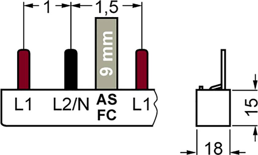 Anschlussschema eines elektrischen Steckverbinders mit Beschriftungen L1, L2/N, AS FC, L1. Maße: Breite 18 mm, Höhe 15 mm.