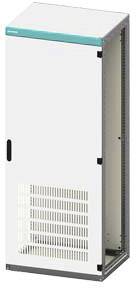 Ein hoher, schmaler weißer Schaltschrank mit türkisfarbener Leiste, dessen Tür geschlossen ist. Er wird zur Aufbewahrung von Elektronik verwendet.