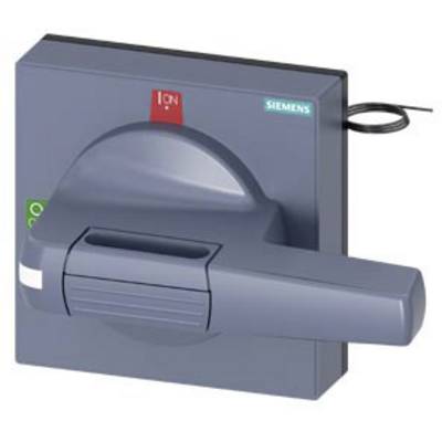 Schalter für elektrische Steuerung mit Siemens-Logo. Hebel in weiblicher Handposition zeigt "ON". Quadratischer grauer Hintergrund.