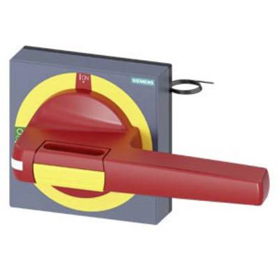 Ein roter Hebel eines Lasttrennschalters von Siemens in der 'Ein'-Position. Der Hintergrund ist grau mit gelbem Ring um den Hebel.