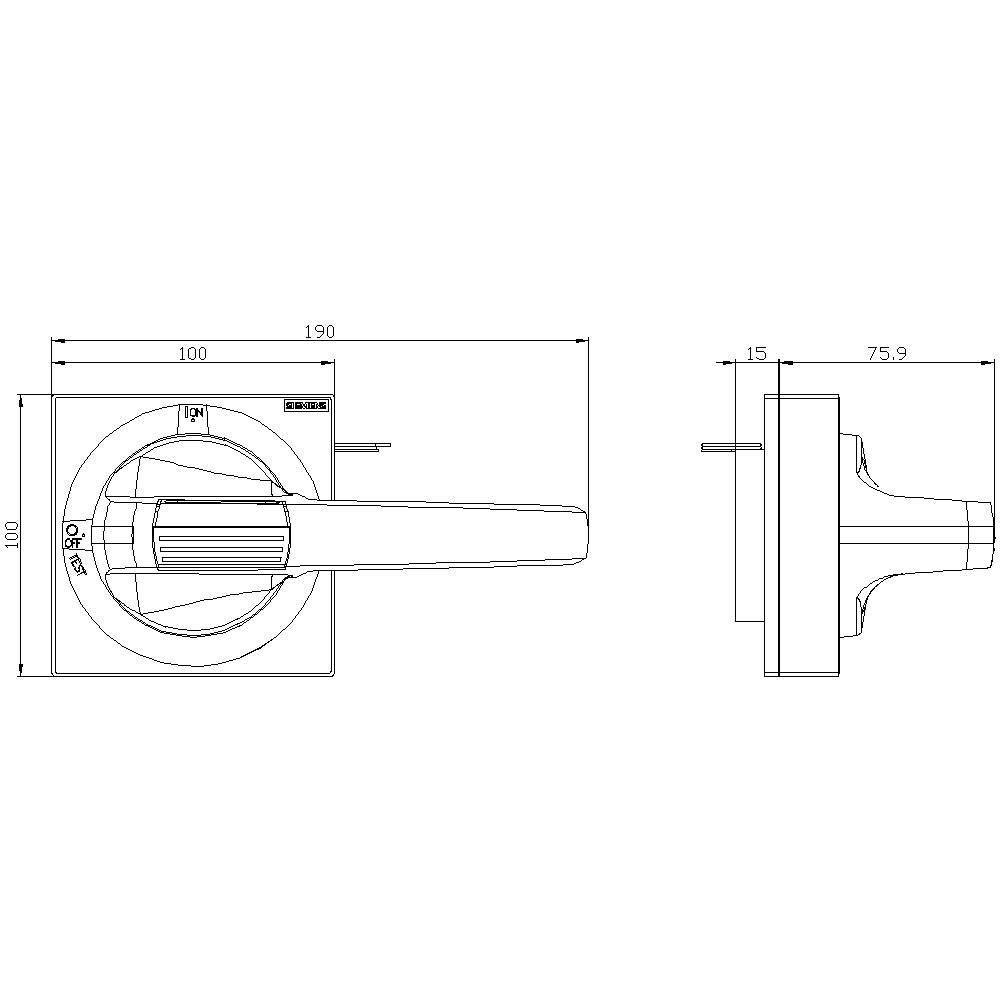 Technische Zeichnung eines Türgriffs, frontal und seitlich dargestellt, mit Maßen 190x100 mm. Geeignet für Konstruktionszwecke.