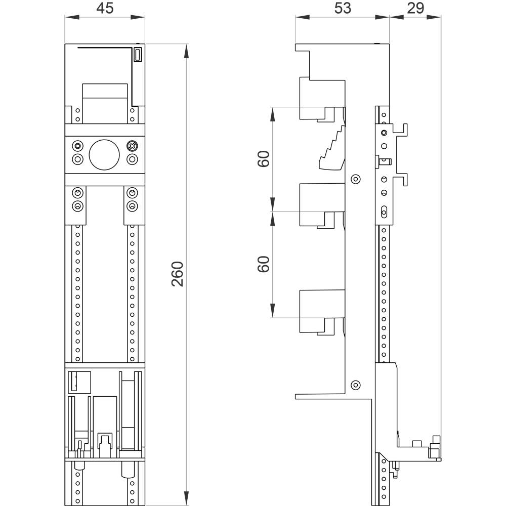 Technische Zeichnung eines 260 mm langen mechanischen Bauteils mit verschiedenen Befestigungspunkten und Abmessungen von 45, 53 und 29 mm.