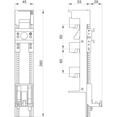 Technische Zeichnung eines 260 mm langen mechanischen Bauteils mit verschiedenen Befestigungspunkten und Abmessungen von 45, 53 und 29 mm.