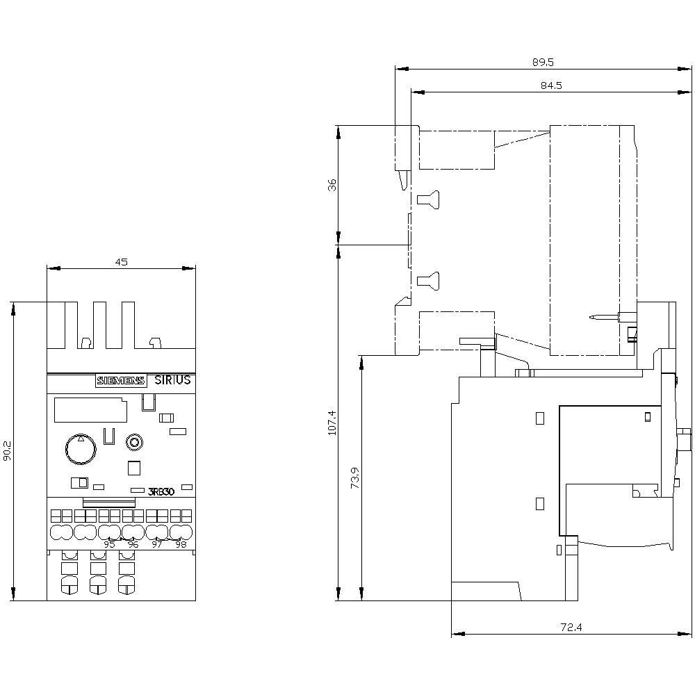 Technische Zeichnung eines SIRIUS Schaltgeräts von Siemens. Zeigt Frontal- und Seitenansicht mit genauen Maßangaben in Millimetern.