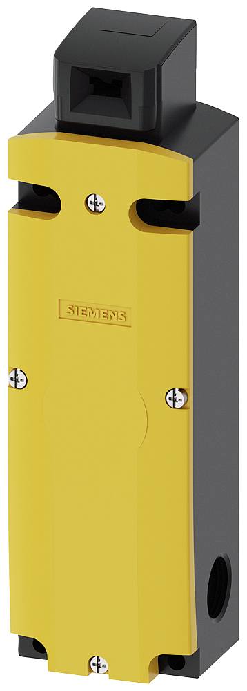 Gelber Sicherheitsendschalter von Siemens mit rechteckigem schwarzen Kopf und seitlichen Schrauben; Gerät zur Maschinenüberwachung.