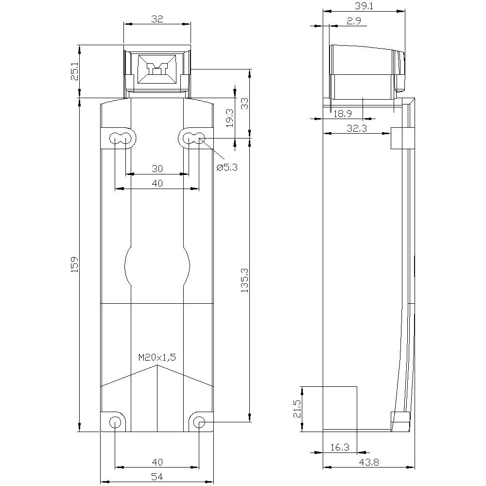 Technische Zeichnung eines Bauteils mit Vorder- und Seitenansicht. Maße und Gewinde ('M20x1,5') sind angegeben, wichtige Abmessungen sind 159 mm in Höhe und 54 mm in Breite.