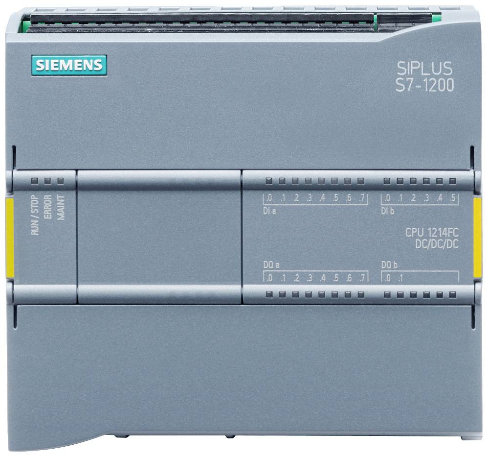 Das Bild zeigt einen grauen, rechteckigen und speicherprogrammierbarer Siemens Simatic Controller (SPS) mit dem Siemens-Logo. Das Gerät verfügt über horizontale Unterteilungen, Anschlussklemmen und Statusleuchten wie RUN/STOP, ERROR und MAINT. An den Seiten befinden sich gelbe Entriegelungshebel.