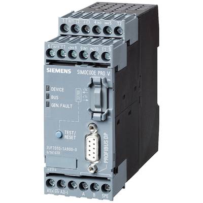 Ein Siemens Simocode Pro V Motormanagement-Modul mit verschiedenen Anschlussmöglichkeiten und einem Test/Reset-Schalter.