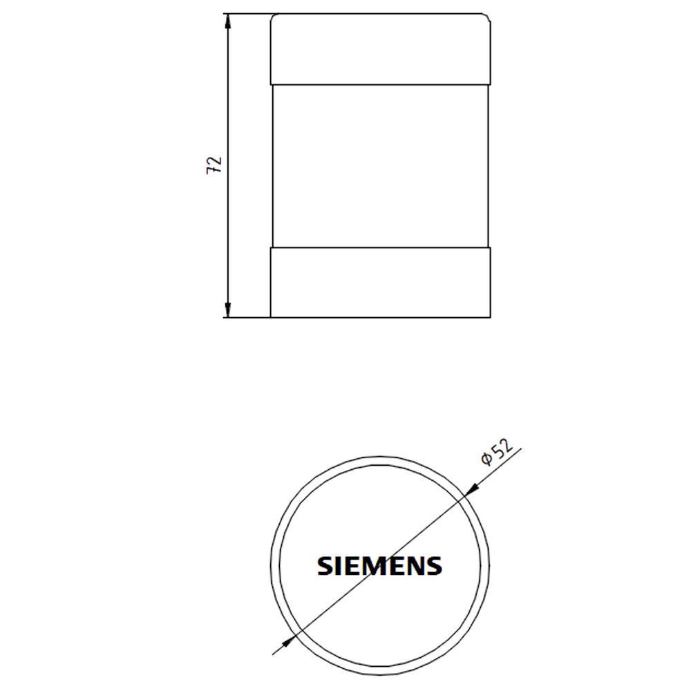 'Technische Zeichnung eines zylindrischen Objekts mit Höhe 72 mm und Durchmesser 52 mm. Beschriftet mit "SIEMENS".'