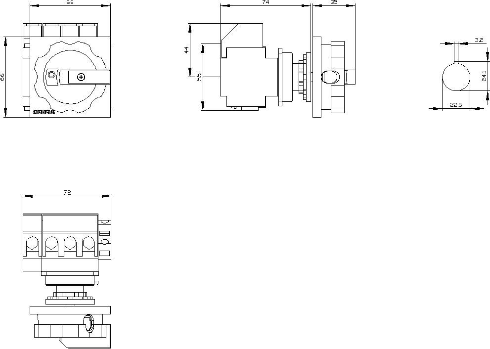 Technische Zeichnung eines Schalters mit Seiten- und Frontalansicht. Maße und Proportionen angegeben. Hauptmerkmale des Schalters sichtbar.