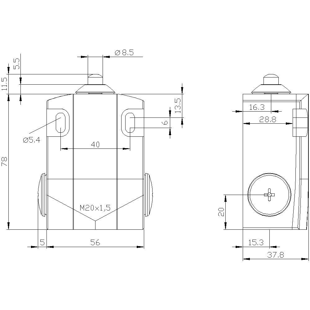 Technische Zeichnung eines zylindrischen Bauteils mit Maßen, Gewinde M20x1,5, seitlicher und frontaler Ansicht, beschriftet in Millimetern.
