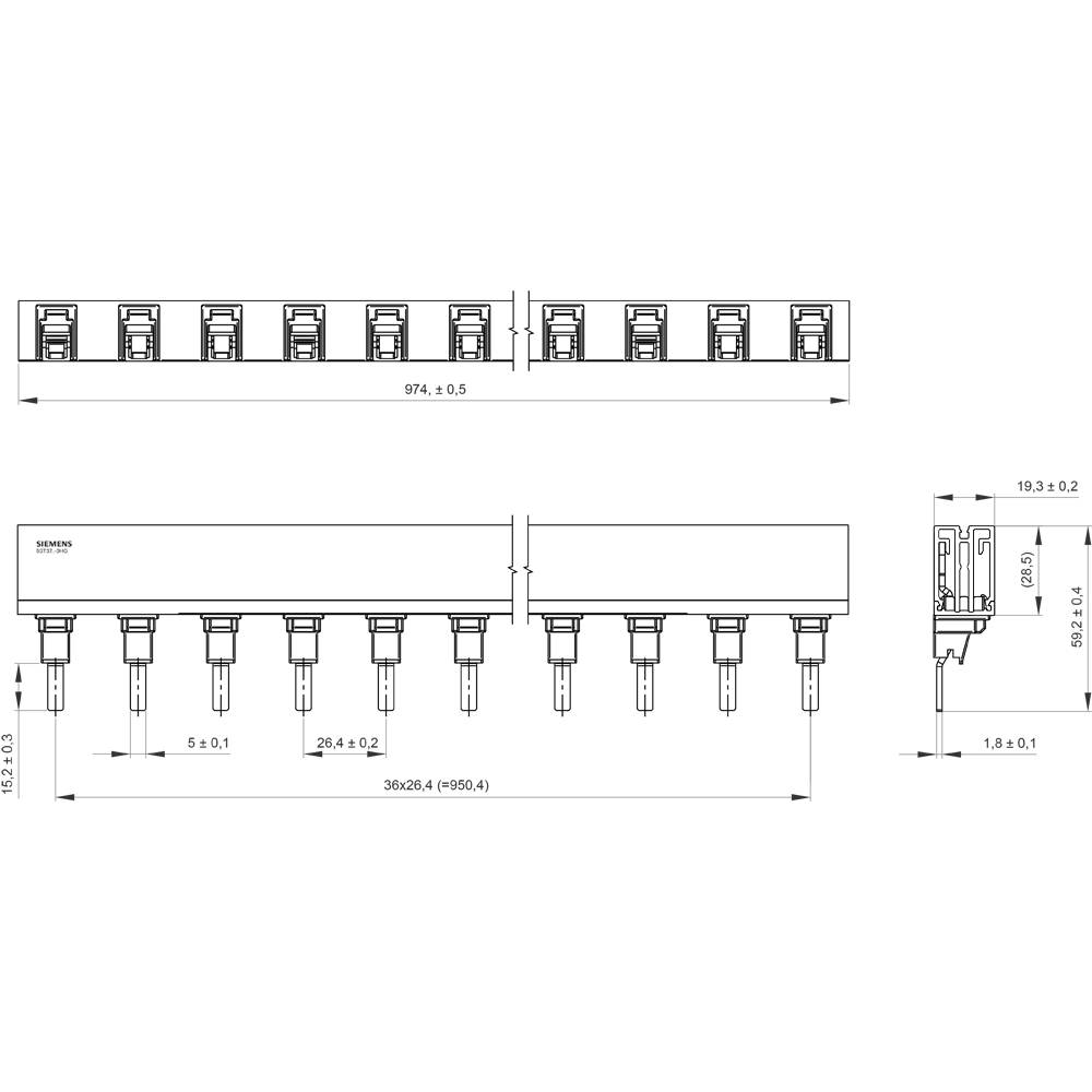 Technische Zeichnung einer elektrischen Steckverbindung mit mehreren Buchsen und detaillierten Maßangaben in Millimetern.