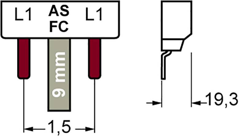 'Sicherung AS FC' mit 9 mm Breite, L1-Kontakte an beiden Seiten. Seitenansicht zeigt 19,3 mm Höhe.
