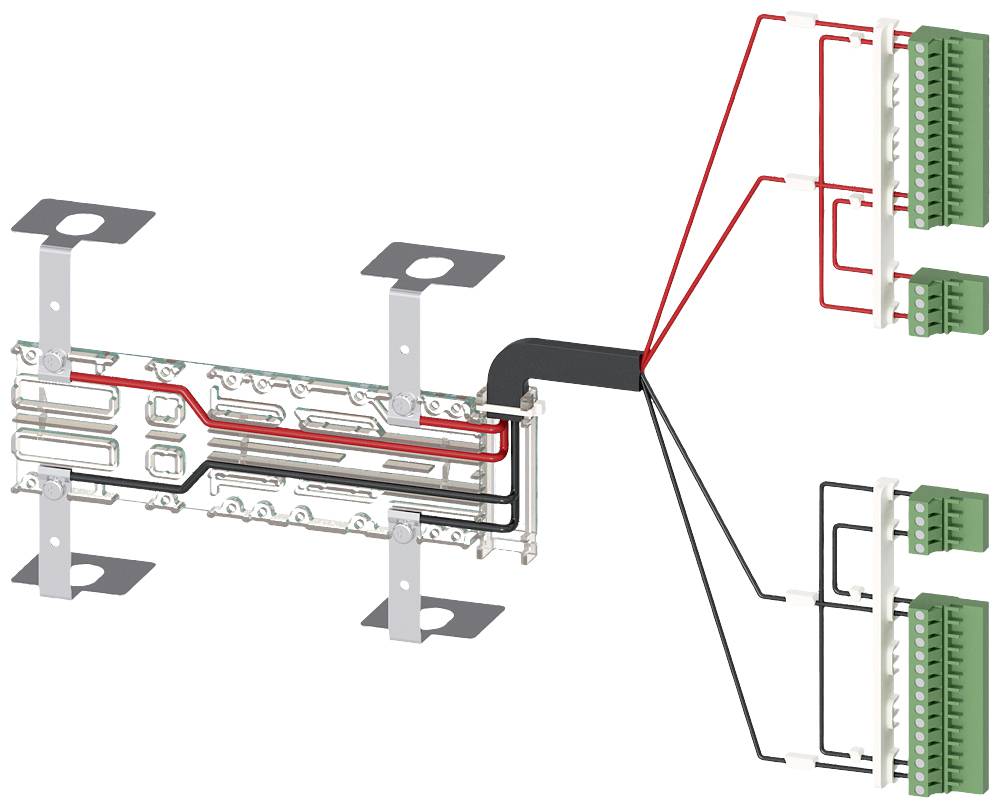 Schematische Darstellung eines Anschlussdiagramms mit Kabeln und Steckverbindern. Zeigt Verbindungen zwischen verschiedenen Komponenten.