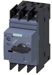 Ein mechanischer Schaltschalter von Siemens aus der Sirius-Serie, hauptsächlich schwarz und grau. Enthält Drehknopf und Beschriftungen für Ein/Aus.