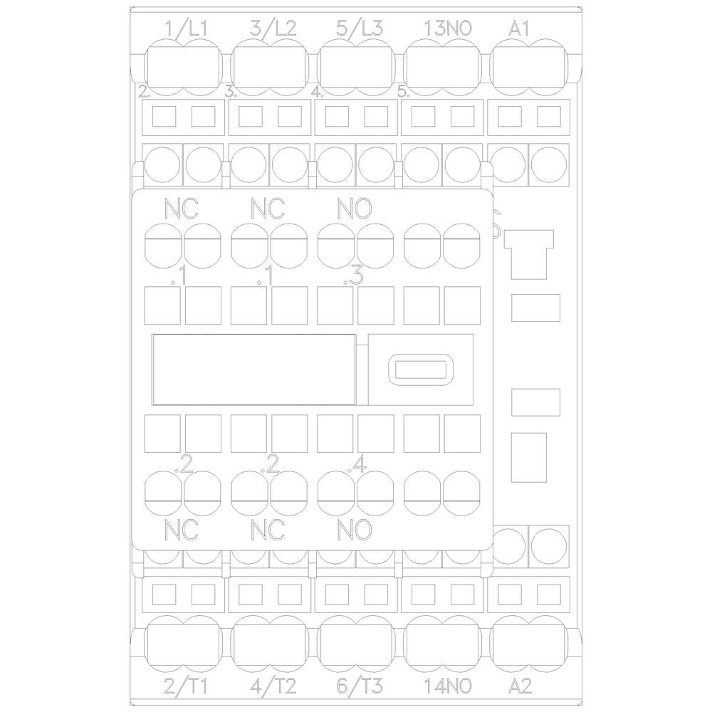 'Schaltplan mit Klemmen 1/L1 bis 6/T3, 13NO, 14NO, A1, A2. Innenliegender Schaltbereich markiert mit NC (normally closed) und NO (normally open).'