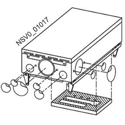 Technische Zeichnung eines rechteckigen Gehäuses mit abnehmbaren runden Abdeckungen und Befestigungsdetails, Modellnummer 'NSVO_01017'.