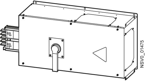 Technische Zeichnung eines rechteckigen Elektroteils mit Hebel an der Seite und Anschlüssen links, Modellnummer 'NSVO_01475'.