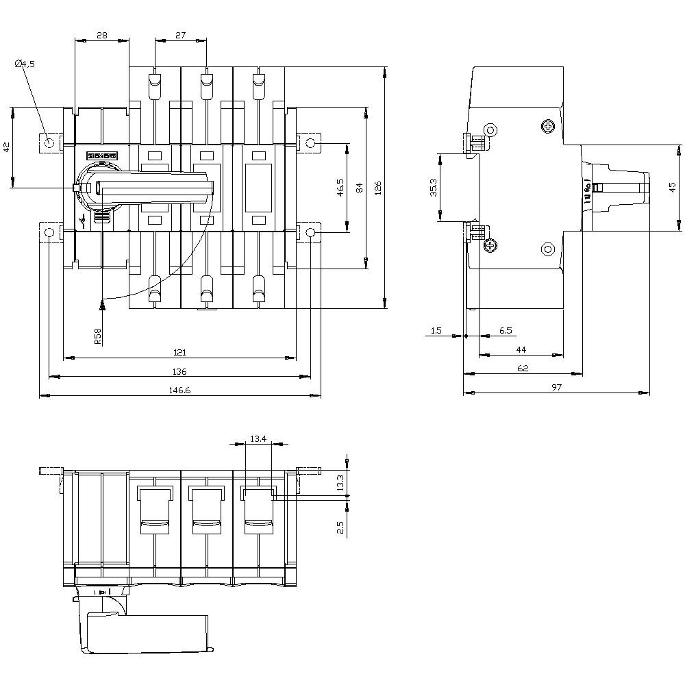Technische Zeichnung eines elektrischen Schalters mit Abmessungen. Seiten- und Frontalansicht zeigen Aufbau und Maßdetails.