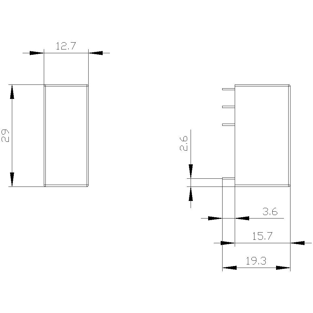 Technische Zeichnung eines rechteckigen Bauteils mit Seitensicht und Frontalansicht. Maße sind 29 x 12,7 mm und 15,7 x 19,3 mm.