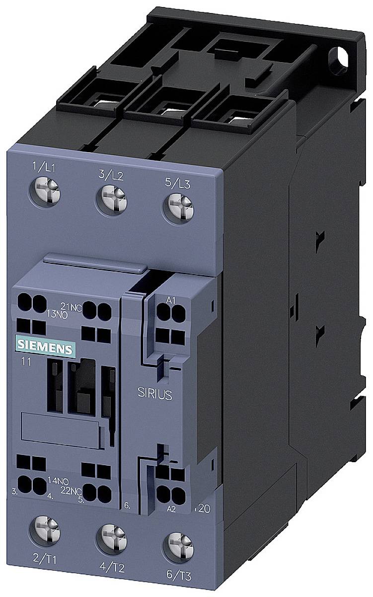 Ein blauer und schwarzer Siemens SIRIUS Schütz für elektrische Steuerungen, mit Anschlüssen und Beschriftungen auf der Vorderseite.