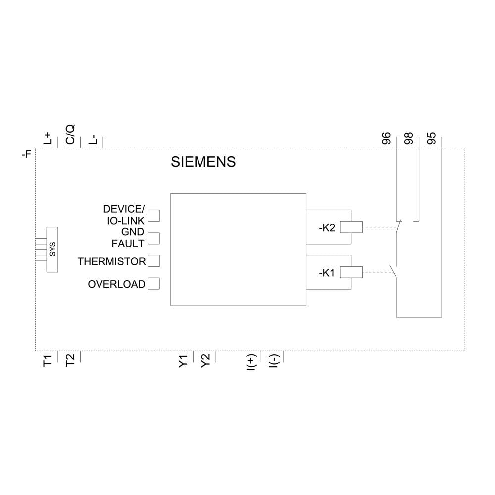 'Siemens'-Schaltplan zeigt Anschlüsse und Komponenten wie DEVICE/IO-LINK und Thermistor. Enthält Symbole für -K1 und -K2.