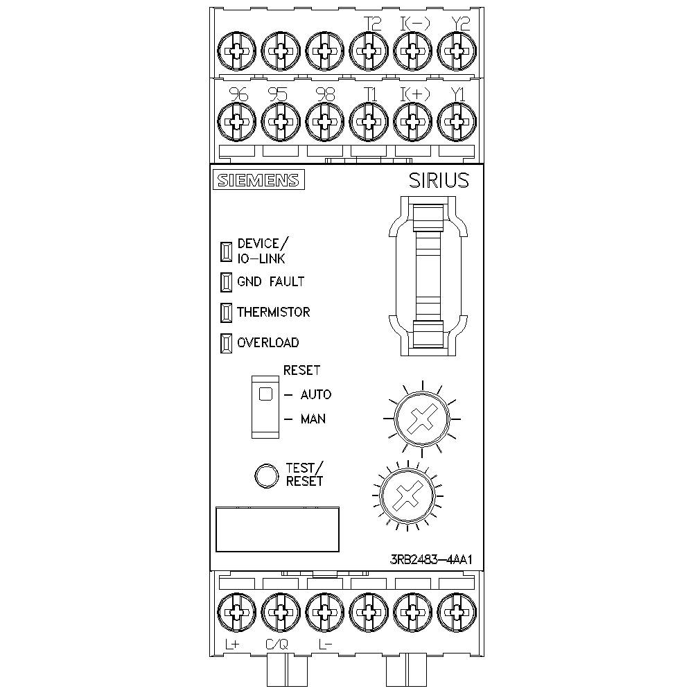 Steuergerät von Siemens mit mehreren Anschlüssen, Schaltern und Anzeigen, darunter 'Reset', 'Auto', 'Man' und 'Test/Reset'.