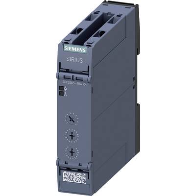 Siemens SIRIUS Zeitrelais, dunkelblaues Gehäuse, zwei Einstellräder auf der Vorderseite, QR-Code unten.