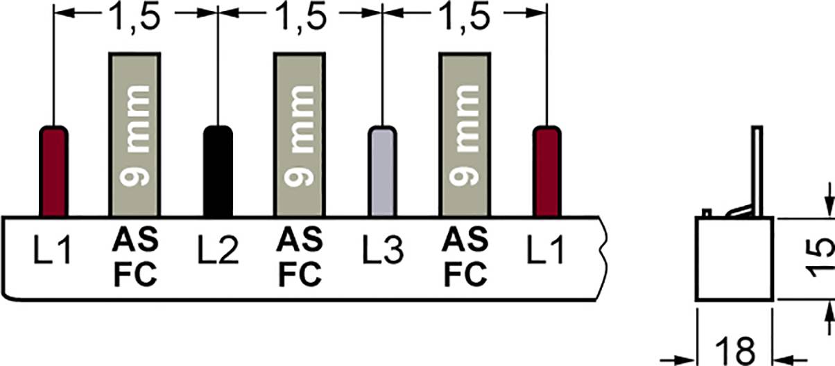 Diagramm einer elektrischen Anschlussleiste mit den Pins L1, L2, L3, AS FC. Abstände: 1,5 mm, Pin-Höhe: 9 mm, Gesamtbreite: 18 mm.