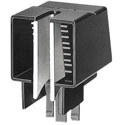 Ein schwarzer, rechteckiger Sicherungshalter aus Kunststoff mit zwei Metalleinsätzen, geöffnet, um eine Sicherung aufzunehmen.