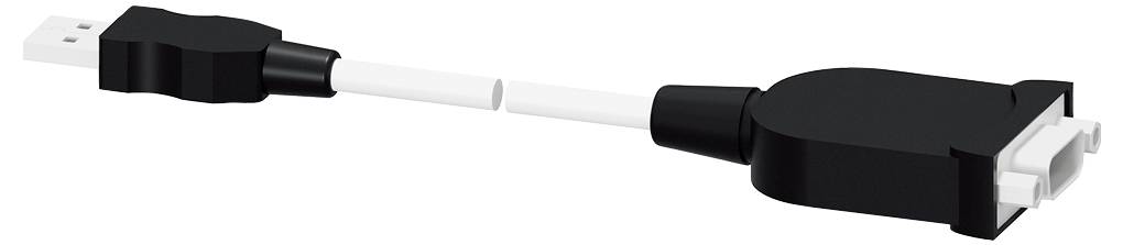 Ein schwarzes USB-auf-VGA-Adapterkabel. Links ist ein USB-Stecker und rechts ein VGA-Anschluss. Wird für Computerverbindungen genutzt.