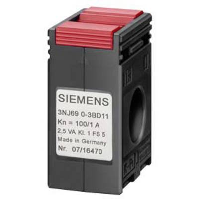 Ein schwarzer elektrischer Komponentenblock mit rotem Oberteil, darauf ein Etikett mit 'SIEMENS 3NJ69 0-3BD11' und technischen Spezifikationen.