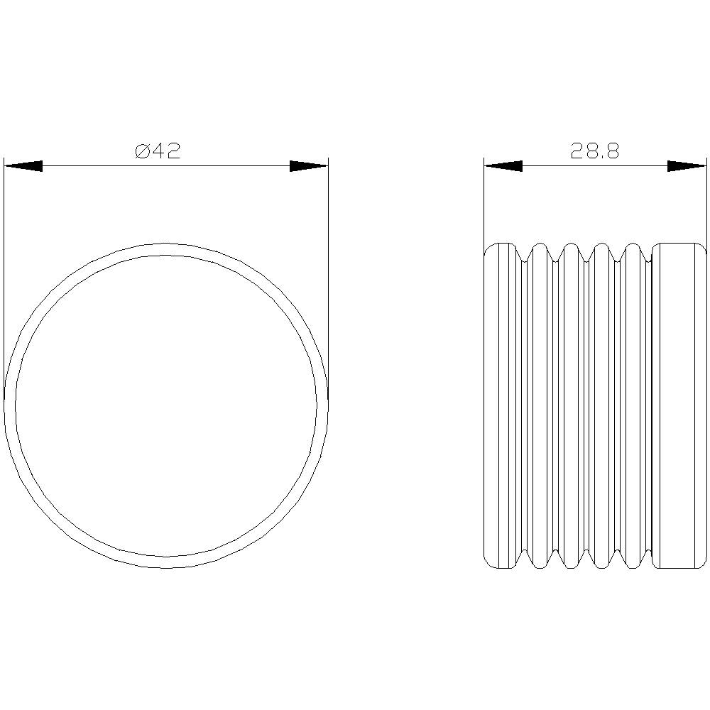 Zeichnung eines zylindrischen Objekts mit Durchmesser 42 mm und Länge 28,8 mm. Rechts Horizontalschnitt zeigt geriffelte Struktur.